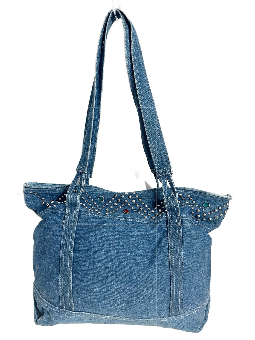 Vintage Studded Denim Tote Bag With Rhinestone & Jewel Accents